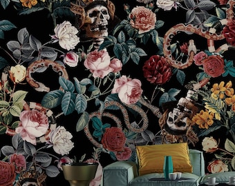 Skull and snakes dark floral wallpaper Peel and Stick removable Gothic art wall mural Vintage Flowers roses botanical black accent wallpaper