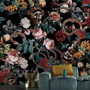 Skull and snakes dark floral wallpaper Peel and Stick removable Gothic art wall mural Vintage Flowers roses botanical black accent wallpaper image 1