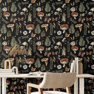 Papier peint champignon - Sticker mural amovible foncé, papillon de nuit et fougère botanique, libellule, herbes, papier peint Woodland
