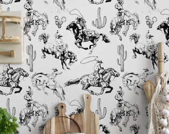 Cowboy wallpaper Western vintage Removable Peel and stick wall paper Southwestern farmhouse decor retro wallpaper