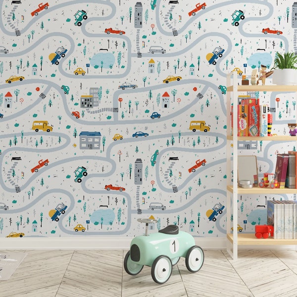 Cars and roads Wallpaper for Boys room decor Peel-and-Stick Vinyl wall mural Transportation theme Toddler room Baby boy nursery decor