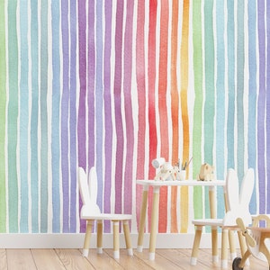 Rainbow wallpaper Peel and Stick Removable watercolor Playroom wall mural Baby Nursery Colorful Kids room decor Rainbow color lines