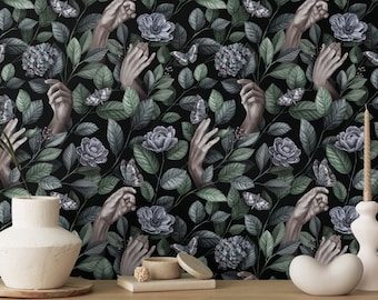 Abstract leaves and hands Removable wallpaper Peel and stick dark moody floral wall mural