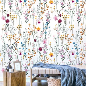Wild flower wallpaper Floral removable wall mural Garden flowers wildflower Watercolor meadow botanical Colorful wall decals Nursery decor