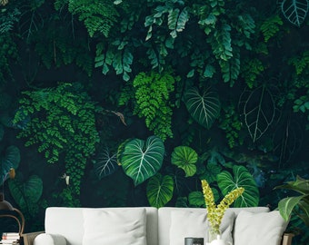 Tropical leaves wall mural Peel and stick Botanical dark green wallpaper Jungle Nature Plants Monstera leaf Fern Removable wallpaper