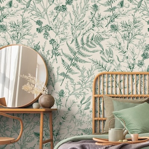 Botanical fern wallpaper Removable Peel and stick wall mural Forest plants green fern leaf herb living room wallpaper, nursery, bedroom