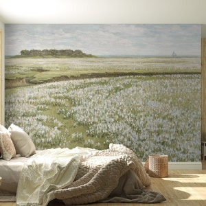 Murale con paesaggio di campagna, dipinto a olio sul prato, stacca e attacca, carta da parati floreale rimovibile, arte murale vintage, decorazioni panoramiche con fiori selvatici.