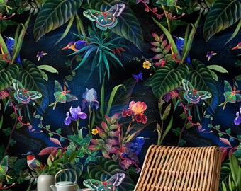 Dark floral botanical wallpaper Removable Peel and Stick wall mural Tropical night garden plants butterfly luna moth birds fairy forest
