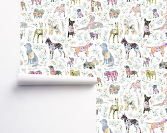 Floral dogs wallpaper watercolor eucalyptus Peel-n-stick removable whimsical unique vinyl temporary colorful wallpaper