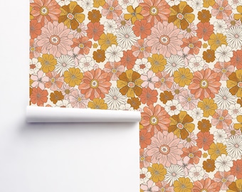 1970s wallpaper Removable peel and stick Vintage floral boho retro 70s wall decor white with orange and pink flowers 60s wallpaper