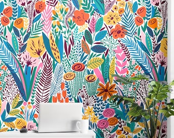 Colorful floral wallpaper Removable Peel-and-stick Scandinavian Vibrant funky wallpaper Modern maximalist art wall decor bright blossom