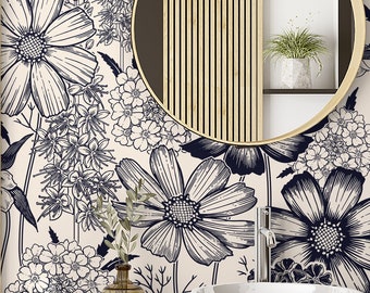 Black Cream Floral wallpaper Peel and Stick Removable Dark Flowers wallpaper Vintage wall decor