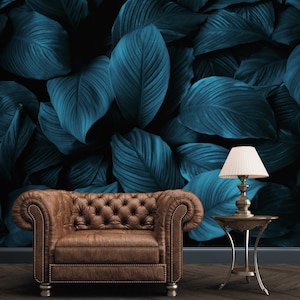 Ocean blue dark wallpaper tropical leaves wall mural Peel and Stick Removable botanical leaf  wallpaper Bedroom decor moody plants nature