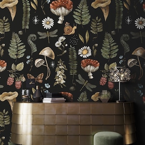 Pilz Tapete Abnehmbares Schälen und aufkleben Dunkles Wandbild Botanische Farn Motte Libelle Kräuter Tapete Wald Tapete