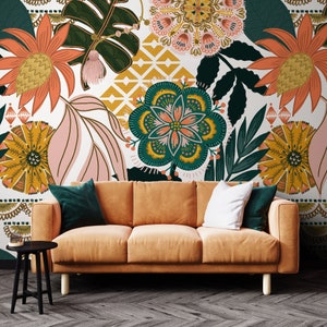 Boho floral mural Removable Tropical bohemian abstract wallpaper decor Botanical wall art Accent wall Boho nursery