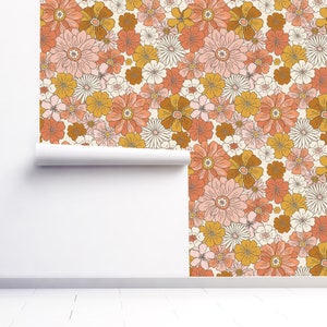 1970s Floral Wallpaper Vintage Boho Orange Pink Flowers Decor