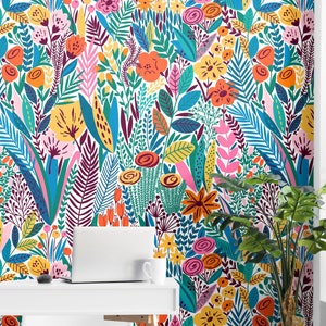 Colorful floral wallpaper Removable Peel-and-stick Scandinavian Vibrant funky wallpaper Modern maximalist art wall decor bright blossom