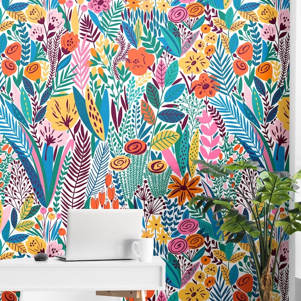 Colorful floral wallpaper Removable Peel-and-stick Scandinavian Vibrant funky wallpaper Modern maximalist art wall decor bright blossom