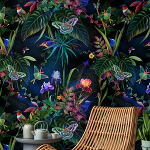 Dark floral botanical wallpaper Removable Peel and Stick wall mural Tropical night garden plants butterfly luna moth birds fairy forest