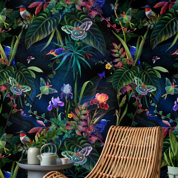 Dark floral botanical wallpaper Removable Peel and Stick wall mural Tropical night garden plants butterfly luna moth birds fairy forest
