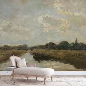 Landscape mural wallpaper Oil painting Peel and stick Removable Vintage scenery decor wall art Scenic wallpaper, River countryside