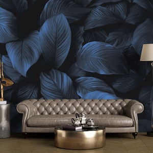 Dark blue wallpaper tropical leaves wall mural - Peel and Stick Removable botanical leaf navy wallpaper Bedroom decor, moody plants nature