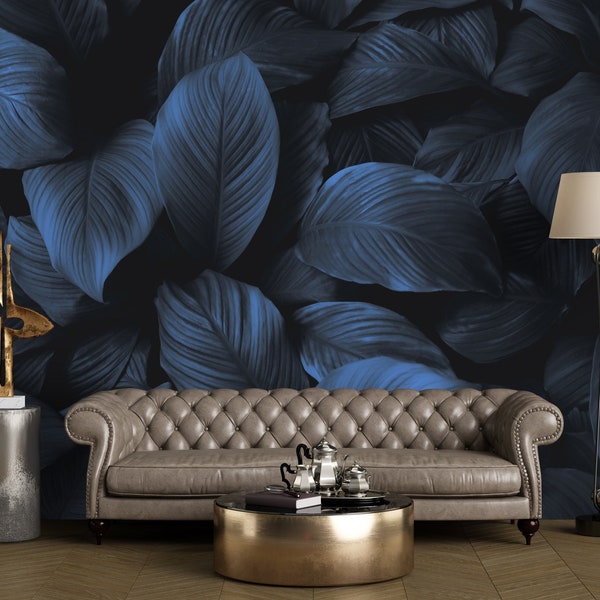 Dark blue wallpaper tropical leaves wall mural - Peel and Stick Removable botanical leaf navy wallpaper Bedroom decor, moody plants nature