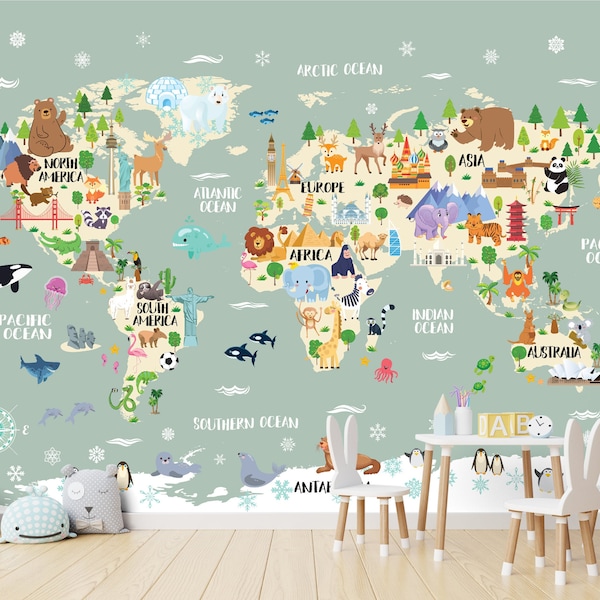 Kids world map mural Animal nursery wallpaper Playroom decor wall decal Baby room travel theme art sticker Weltkarte kinder Carte du monde