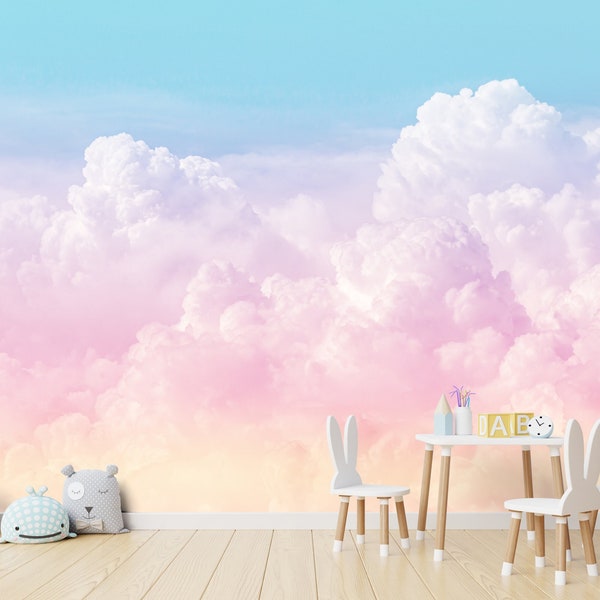 Rainbow clouds pastel ombre wallpaper, Removable Peel-n-stick Colorful sky gradient nursery wall mural for kids room girls bedroom