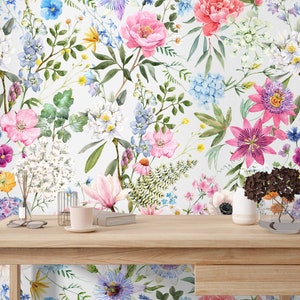 Watercolor floral wallpaper Removable Peel and stick Botanical bright spring flowers temporary wall paper mural