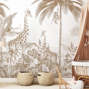 Safari Jungle wall mural Peel and Stick Removable wallpaper for kids Giraffe Baby Nursery Tropical animals Children room neutral decor
