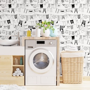 Laundry Room Wallpaper, Removable Peel and Stick wallpaper Hang Drying clothes line art Wall Decor Black and White