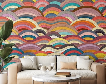 Abstract colorful waves wallpaper Peel and Stick Removable wall mural Boho wallpaper