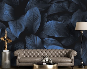 Dark blue wallpaper tropical leaves wall mural - Peel and Stick Removable botanical leaf navy wallpaper Bedroom decor, moody plants nature