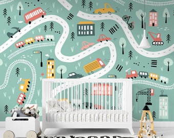 Cars green Wallpaper for Boys room decor Peel-and-Stick Vinyl wall mural Transportation cars and trains Toddler room Baby boy nursery decor