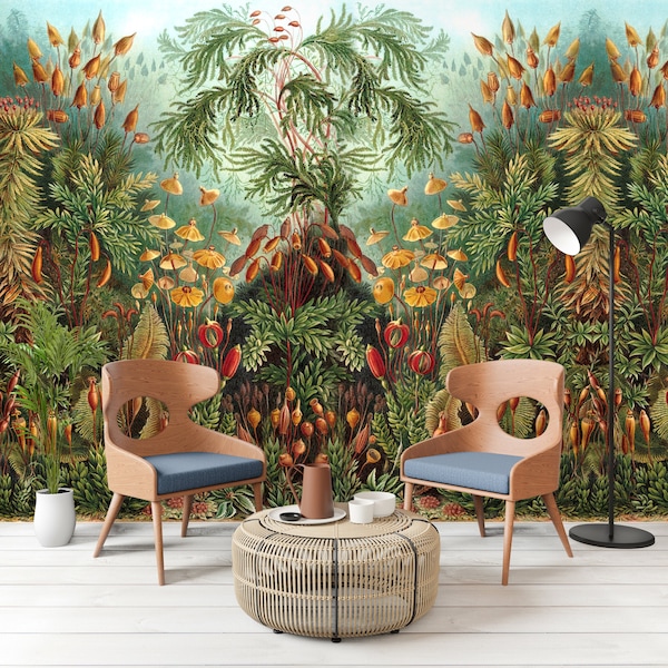 Jungle tropical plants wall mural Floral peel and stick vintage botanical removable wallpaper Bright colorful garden flowers mushrooms decor