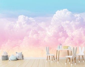 Rainbow clouds pastel ombre wallpaper, Removable Peel-n-stick Colorful sky gradient nursery wall mural for kids room girls bedroom