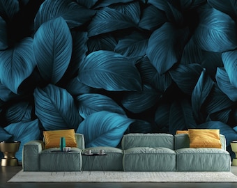 Ocean blue dark wallpaper tropical leaves wall mural Peel and Stick Removable botanical leaf  wallpaper Bedroom decor moody plants nature