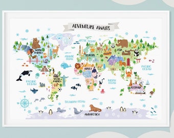 Adventure Awaits world map poster for Kids room decor Nursery wall art Woodland animals Safari Travel Playroom Unique baby shower gift ideas