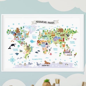 Adventure Awaits world map poster for Kids room decor Nursery wall art Woodland animals Safari Travel Playroom Unique baby shower gift ideas