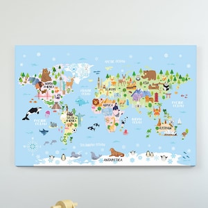 Carte du monde pour enfants, impression sur TOILE, chambre d'enfant aventure, animal, décoration de chambre d'enfant