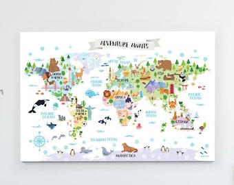 World map nursery wall decor Canvas art for kids Adventure awaits Playroom Map Safari animal world map for children Travel theme Baby room