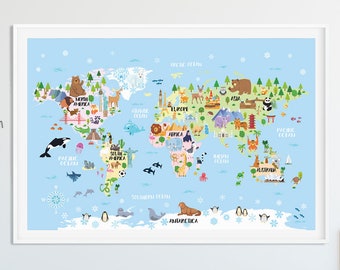Animal World Map Poster, Watercolor Kids Wall Art - Etsy Canada