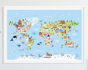 World map poster for kids Playroom wall art Kids room decor Animal print World map nursery Kids map Children wall art Gift boys and girls