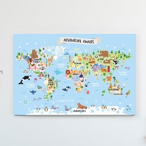 Toile carte du monde aventure - oeuvre d'art murale animal safari pour chambre d'enfant, décoration de chambre d'enfant, carte éducative de salle de jeux, impression sur le thème du voyage