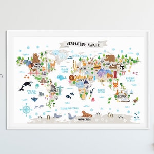 Kids world map poster Animal world map Playroom wall decor Kids room wall map World map nursery Kids map Kid wall art World map poster Baby