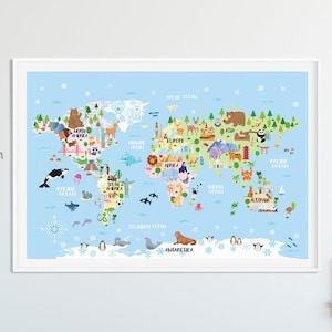 World map poster for kids Playroom wall art Kids room decor Animal print World map nursery Kids map Children wall art Gift boys and girls
