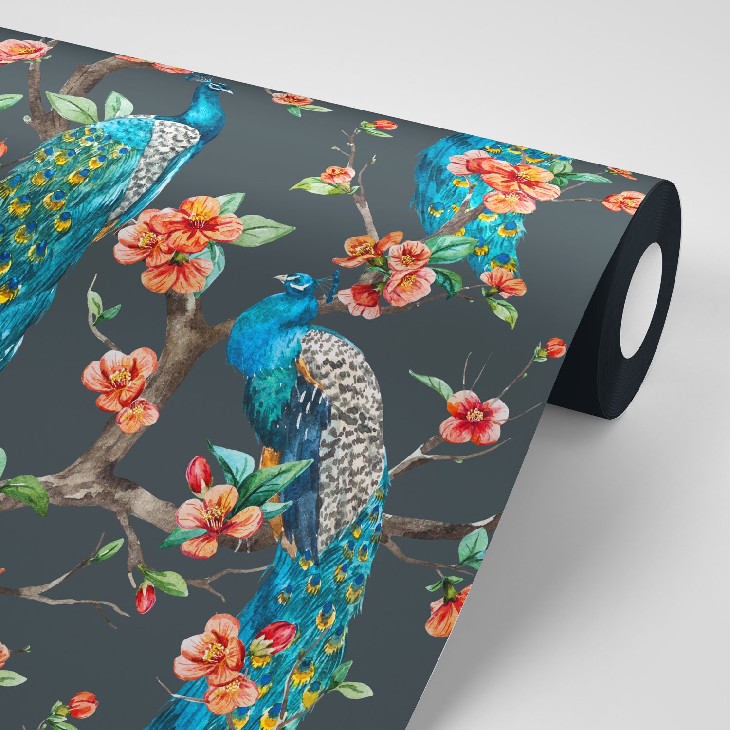 Peacock wallpaper Chinoiserie mural Peel and Stick Birds dark | Etsy