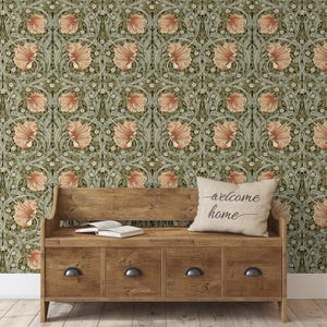 Vintage wallpaper floral botanical Removable Olive Peel and Stick Pimpernel retro Art nouveau classic wall paper Flowers and green leaves