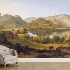 Landscape mural wallpaper peel and stick Removable Vintage scenic countryside rural painting wall mural Mountains wallpaper Lake